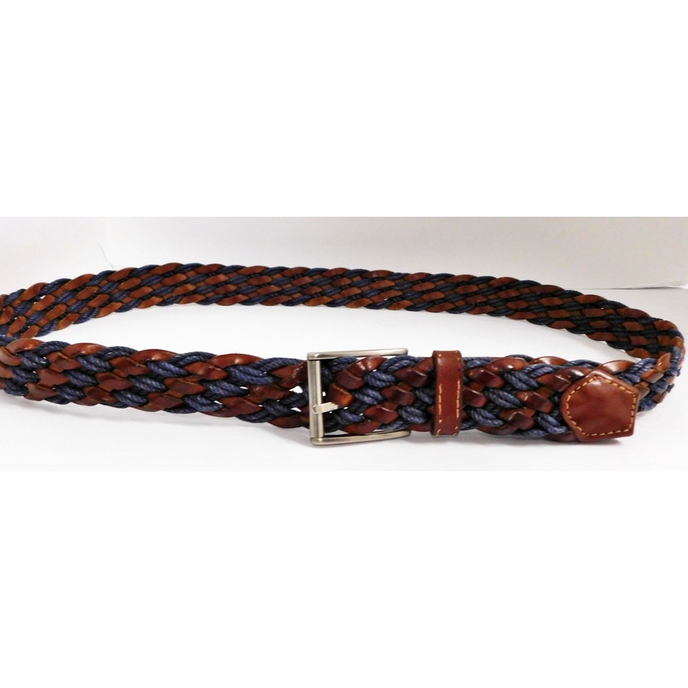 Ermenegildo Zegna Belt 42 Brown Braided Leather Blue Fabric Belt‎ Silver Buckle